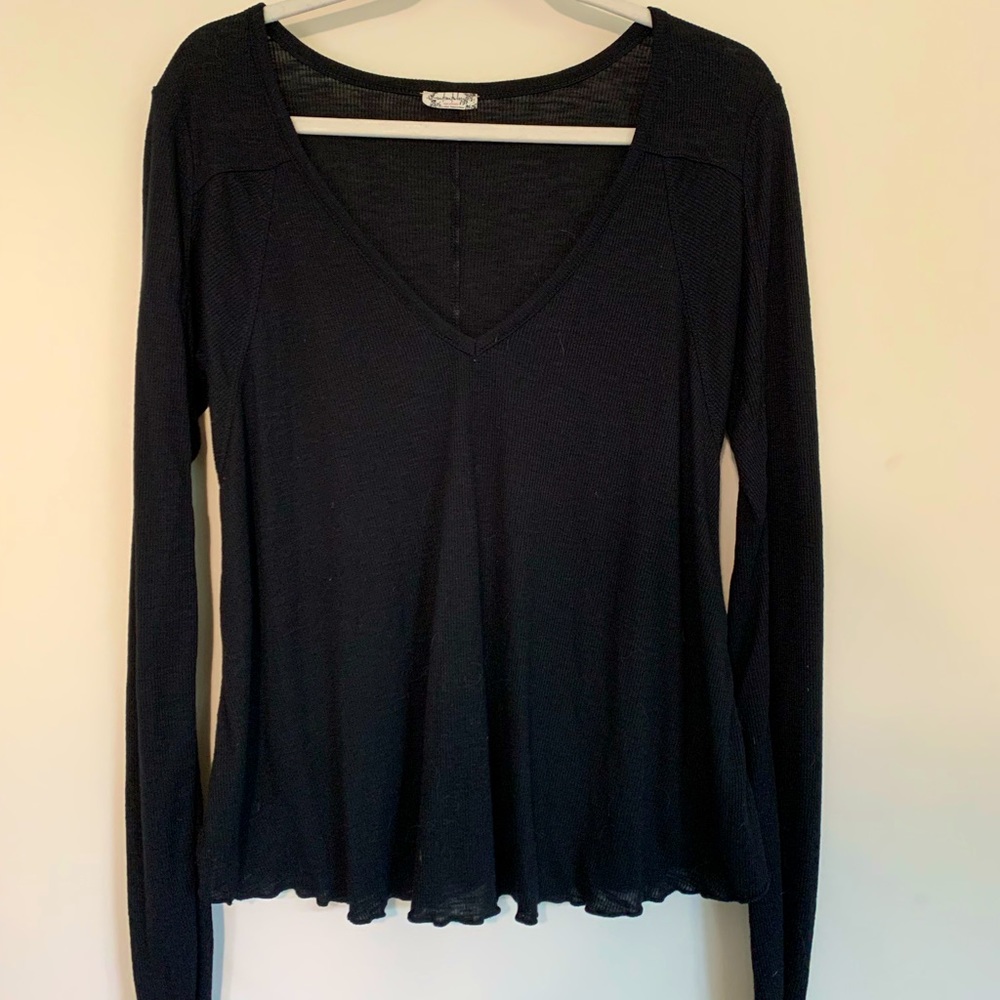 Free People Black V-Neck Long Sleeve Blouse, Size Small